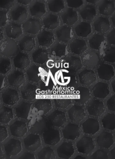 Fondo con panal y flores que enmarca el logo de la Guía México Gastronómico – Los 250 Restaurantes, reconocimiento nacional que incluye a KOLI dentro de los mejores del país.